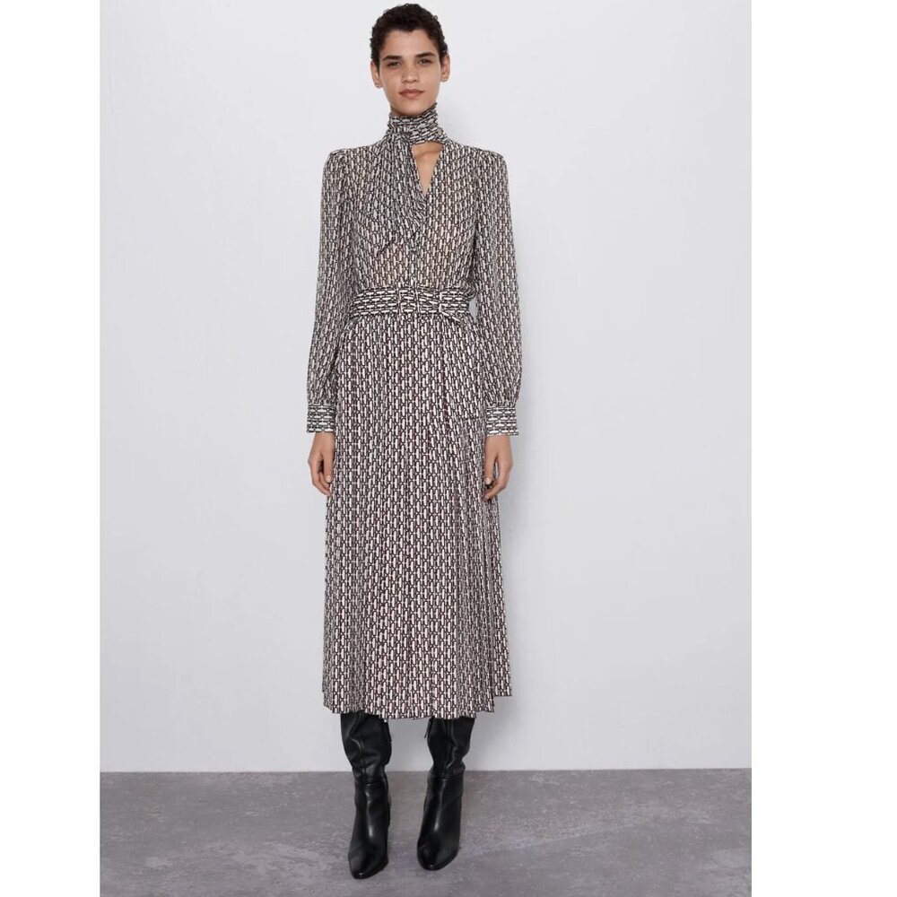 Zara Pleated Print Dress with Bow and Belt